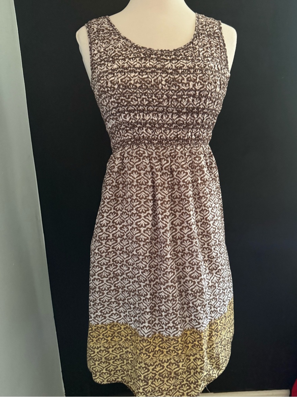 Sophie Max Brown Patterned smocked top Sleeveless Midi Dress with Yellow Hem